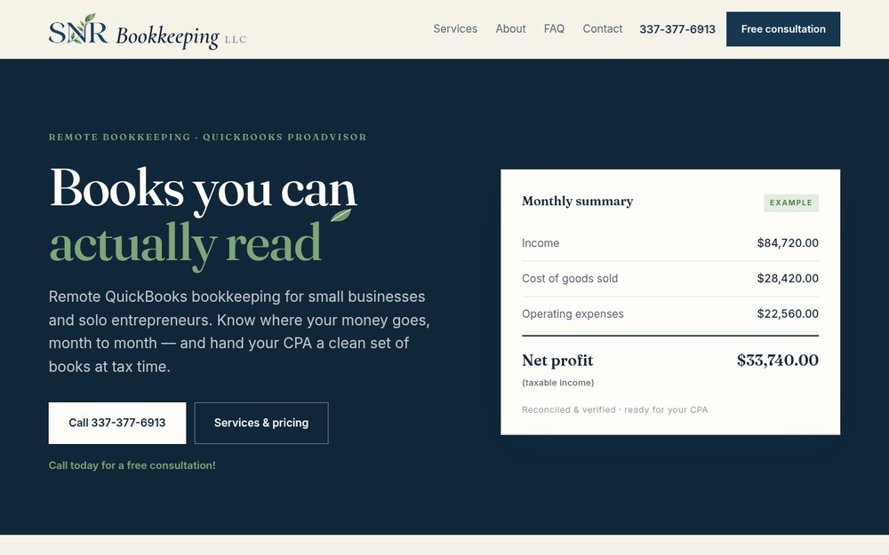 SNR Bookkeeping LLC website preview